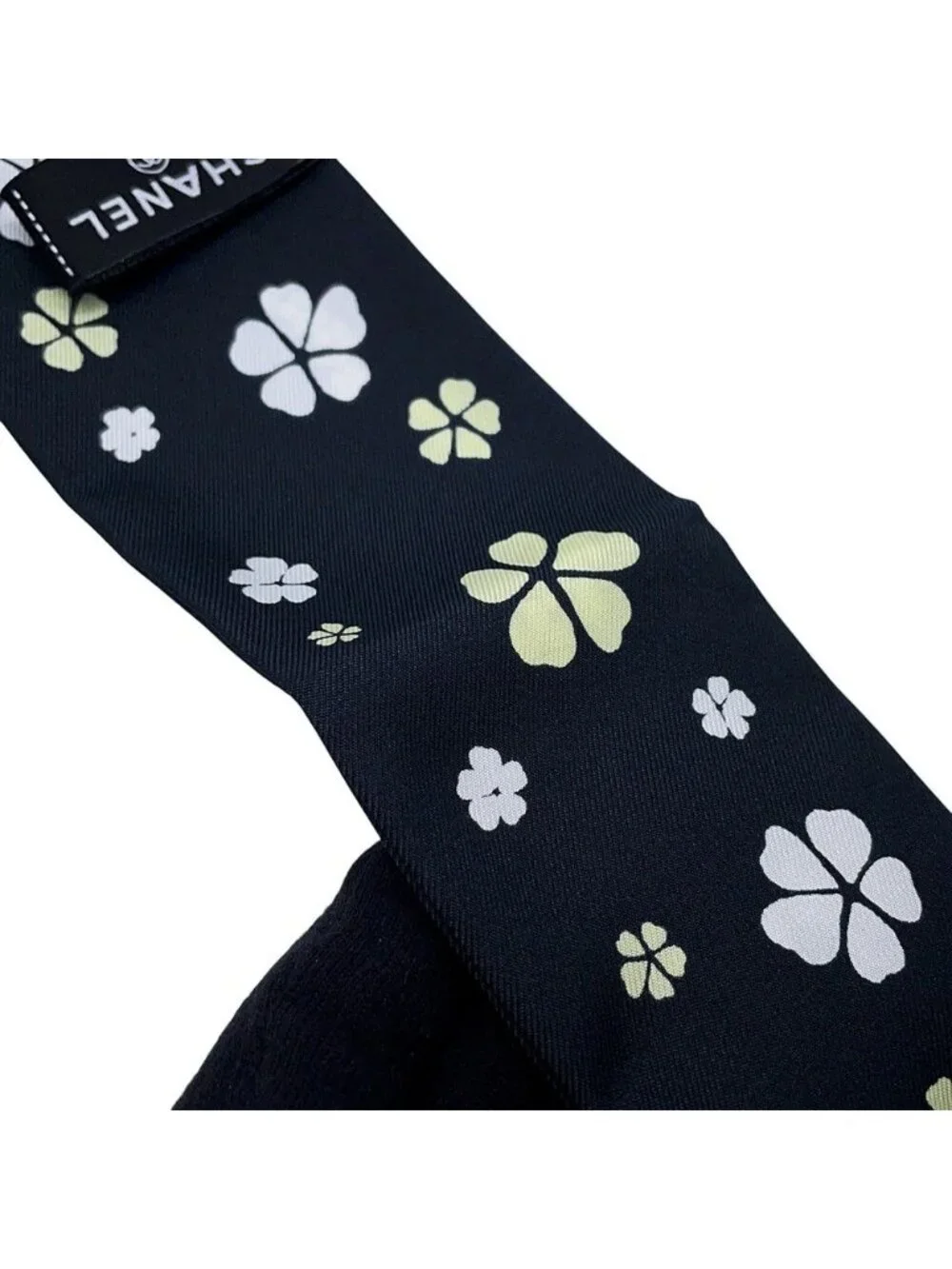 Chanel 26B Scarf CC Logo Flower Silk Black White
